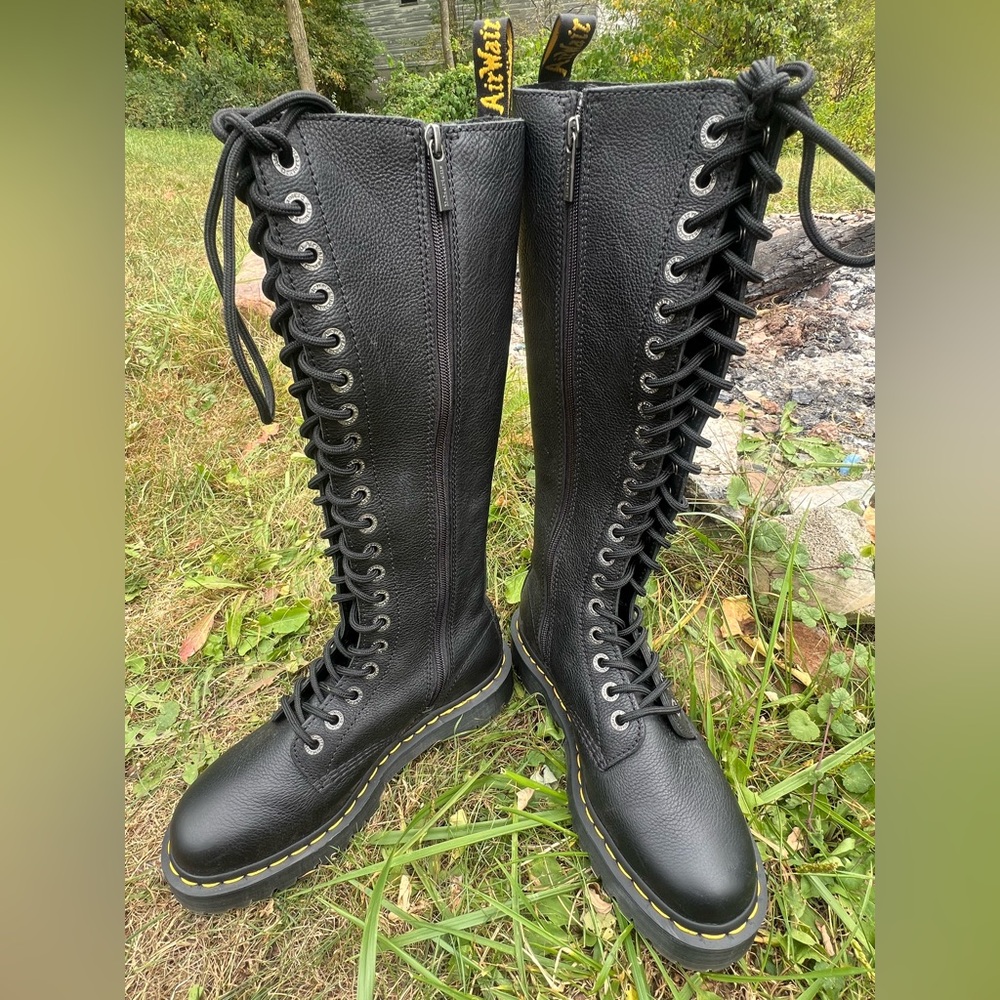 Dr. Martens Black Tall Lace-Up Boots with Yellow Stitching